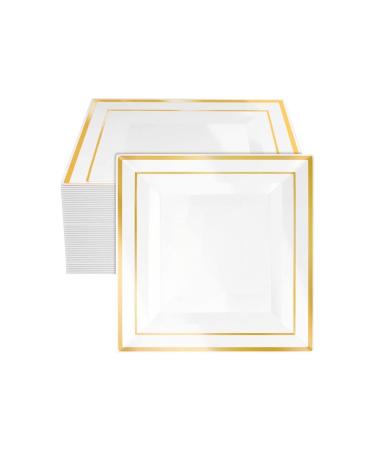 M Honor 50 Piece Gold Rimmed Square Reusable Plastic Plates for Weddings Parties and Dinners | 10 Inch