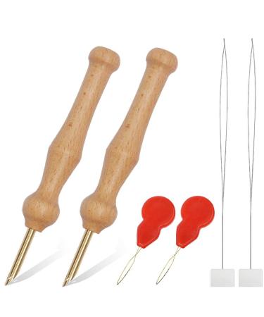 2 Pack Punch Needle Wooden Embroidery Pen Punch Needle Set Large Punch Needle with Needle Threader for DIY Craft Stitching