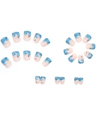 24pcs Short French Almond Square False Nails - Sea Wave Design | Full Cover Acrylic Nails with Glue - Stylish Press on Nails for Women and Girls Nail Art - Buy Online on GoSupps.com