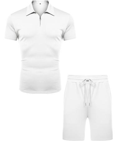 URRU Men's Short Sleeve Polo Shirt and Shorts Set - White Large | Summer Outfit for Men - Buy Online on GoSupps.com