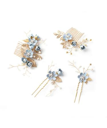Gold Wedding Hair Combs Set - 4 Pearl & Rhinestone Bridal Accessories for Bride & Bridesmaids - Elegant Blue Hair Clips - Buy Online on GoSupps.com