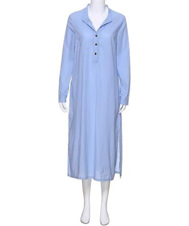 Women's Casual Cotton Linen Maxi Dress - Solid Long Sleeve Shift Dress with Side Split and Button Closure in Blue (X-Large) - Buy Online on GoSupps.com