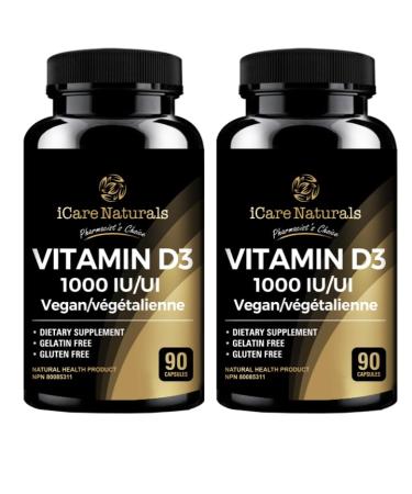 Vitamin D3 1000 IU Vegan Vitamin D3 Supplement (Twin Pack - Vegan Capsules | Gluten Free | GMP | Halal - High Potency Vitamin D Capsules for Healthy Bones Teeth Immune System & Muscle Function (2)