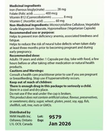 NVM Health Gentle Iron Bisglycinate with Vitamin C, B12, Folic Acid - 90 Veggie Capsules | Supports Red Blood Cell Formation & Combats Fatigue | Gluten-Free - Buy Online on GoSupps.com