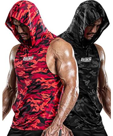 DRSKIN 2 or 1 Pack Men's Hooded Tank Tops Bodybuilding Muscle Cut Off T Shirt Sleeveless Gym Training Hoodies Workout Dry XX-Large T-hood (Camo-black red) (Pack of 2)