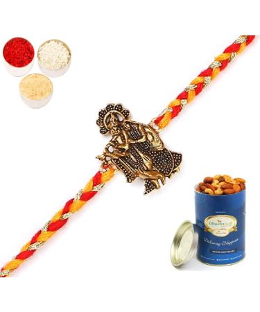 Ghasitaram Gifts Rakhi for Brother Rakhis Online - L-1 Krishna Rakhis with 100 GMS of Dryfruits Mix Can Rakhi with 100 gms of Dryfruits Mix Can