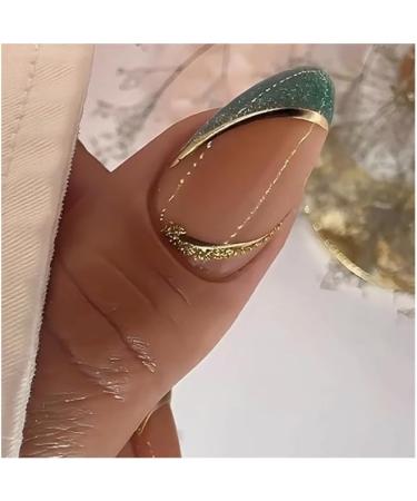 French Tip Press on Nails with Nail Tips Green almond shaped fake nails with black and gold stripe design press on nails Acrylic False Nails Cute Artificial Nails - Buy Online on GoSupps.com