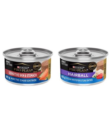 Purina Pro Plan Sensitive Skin & Stomach Wet Cat Food Artic Char - 85 g Can (24 Pack) & Hairball Wet Cat Food Ocean Whitefish & Tuna Entree - 85 g Can (24 Pack) Wet Cat Food + Cat Food 85 g