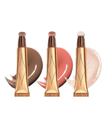 3 Color Contour Beauty Wand  Highlighter  Blush Face Concealer Contouring with Cushion Applicator Long Lasting & Smooth Matte Finish Liquid Illuminator Makeup Stick . (01Contour +02Blush+04Highlighter)