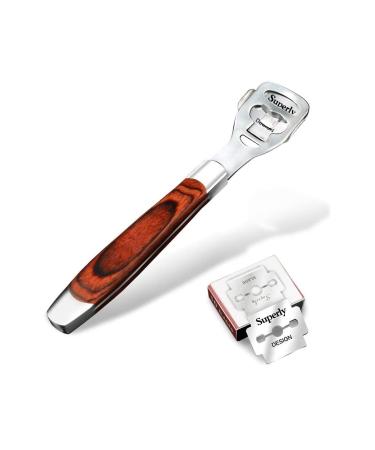 BEINY Stainless Steel Callus Shaver Pedicure Dead Hard Skin Remover Heel Razor Wooden Handle Cutter with Skin Rub & 10 Blades for Foot Care  Removing Solid  Cracked Skin Cells