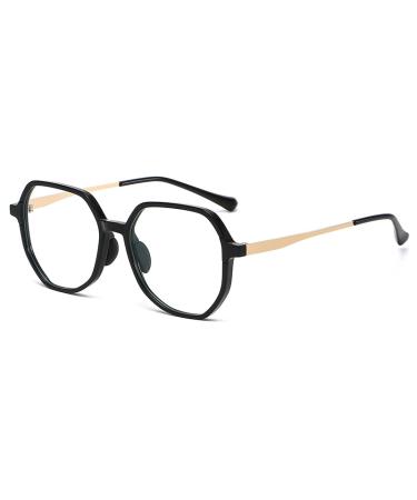 SERONI Metal Tr90 Polygon Frame Blue Light Blocking Glasses for Women Men Anti UV Ray Computer Reading Glasses for Women Men Black 52 Millimeters