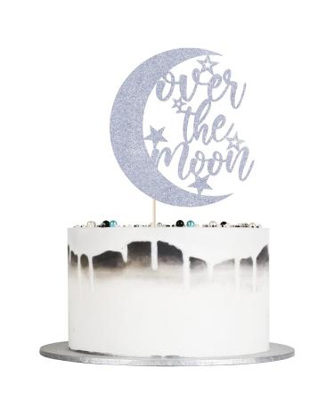Auteby Over the Moon Cake Topper - First Holy Communion Over the Moon Cake Topper Baby Shower Birthday Party Decorations (Silver)