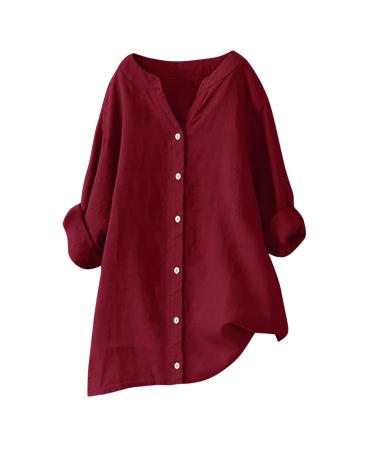 Womens Cotton and Linen Shirt Oversized Blouses Summer Short Sleeve Button Casual Tee V-Neck Loose Fit Elegant Dressy Tshirts 447-qppoj-red-3 M