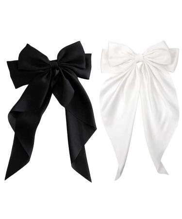Big Bow Hair Clips 2pcs Long Tail French hair Bows for Women Girl Satin Silky Bow Hair Barrette Black Milky White Bow Up Accessories for Birthday/Party/Show/Christmas/Thanksgiving