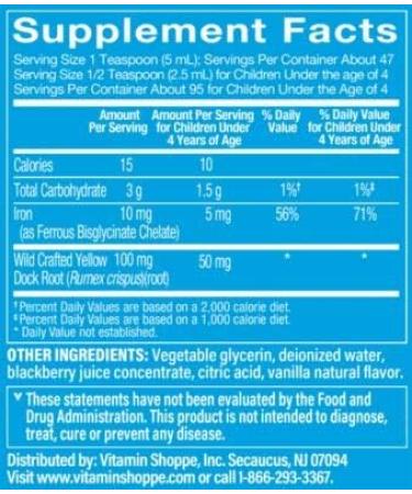Vitamin Shoppe Liquid Iron: BlackBerry Vanilla Flavored, Non-Constipating, Immune Support - 8 fl oz - Buy Online on GoSupps.com