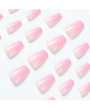 NICENEEDED Square Press on Nails Medium Length Gradient Pink Glossy Ballerina False Nails Cute Glue on Nails with Nail Glue Stickers for Women Girls Daily Wear - Buy Online on GoSupps.com