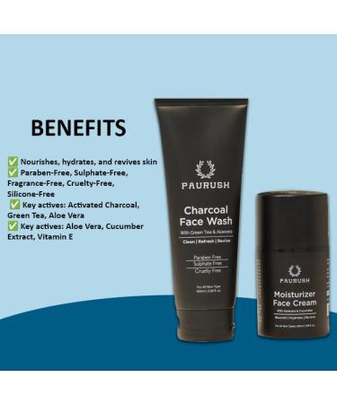 PAURUSH Men's Skincare Set Charcoal Face Wash with Green Tea and Aloe Vera 100ml Moisturizer Face Cream with Aloe Vera 50ml Paraben Free - Buy Online on GoSupps.com