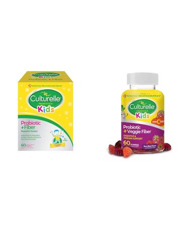 Culturelle Kids Probiotic + Fiber Packets 60 Count & Daily Probiotic Gummies 60 Count - Digestive & Immune Health Unflavored 60 Servings (Pack of 1) + Kids (60 Count)