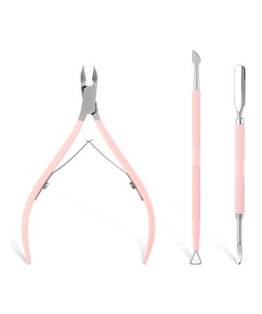 Yolev 3pcs Cuticle Trimmer with Cuticle Pusher 3 PCS Pink Nail Cuticle Nipper Professional Pedicure Manicure Nippers Rainbow Sharp Durable Pedicure Manicure Tools for Fingernails and Toenails