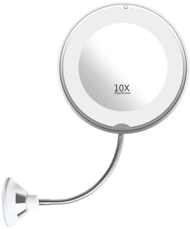 Flexible Gooseneck LED Lighted 10X Magnifying Makeup Mirror with Power Locking Suction Cup  Bright Diffused Light and 360 Degree Swivel  Portable Cordless Travel and Home Bathroom Vanity Mirror