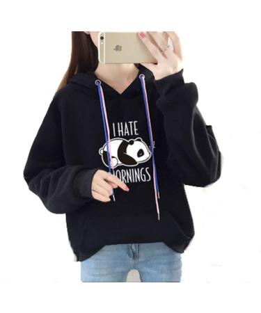 Bigfanshu Women's Dresses Autumn Hoodies Character Print I Hate Morinings Sweatshirt with Pocket Black