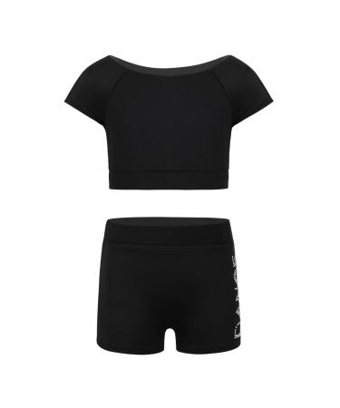 dPois Kids Girls' Two-Pieces Sports Gym Dance Workout Outfits Short Sleeves Crop Top with Letters Boy Cut Shorts Set Black 8-10