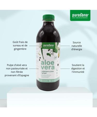 Purasana Aloe Vera Juice with Elderberry and Ginger 1 liter. Organic Aloe Vera Gel to Drink Pure or Diluted Without Pulp. Not Chemically Treated. Organic Vegan - Buy Online on GoSupps.com