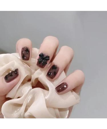 24Pcs/Set Press On Nails Dark Love Bow Short Patch False Nails Acrylic Fake Nails Full Cover Nails Tips Artificial Finger Manicure Press on nails for Women and Girls
