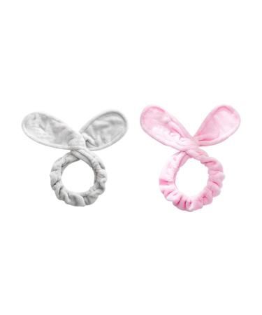 Minkissy Hasenohr headband 2 carol fleece cosmetics headband make-up hair band facial wash make-up tie hair accessories for women girls (pink gray)