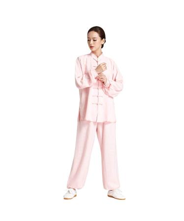 Unisex Adult Tai Chi Uniform Chinese Traditional Martial Arts Kung Fu Suit Cotton Linen Long Sleeve Tang Suit Pink Medium