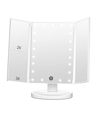 FASCINATE Trifold Vanity Mirror with Lights, Lighted Makeup Mirror 2X/3X Magnification, 21 LED Touch Dimming, Dual Power 90 Rotation Lit Beauty Table Mirror, Make up Mirror with Lighting (White)