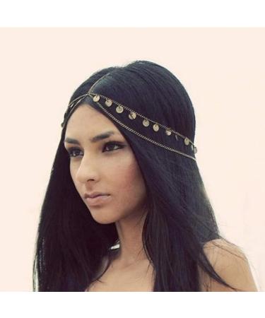 Catery Head Chain Jewelry Gold Sequins Bohemian Hair Chain Gypsy Headpiece Head Dress Hair Accessories for Women and Girls