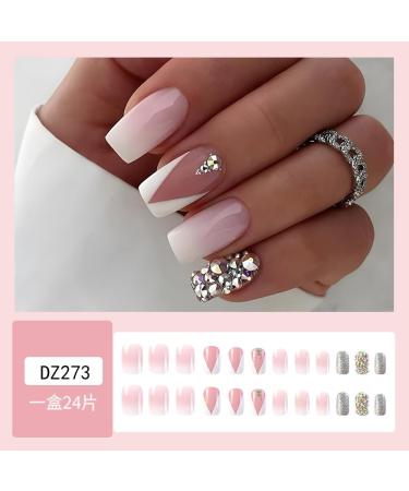 French Tip Press on Nails - Short Square Press On Nails with Nail Tips Pink white gradient silver glitter Rhinestones false nails press on nails Acrylic False Nails Cute Artificial Nails - Buy Online on GoSupps.com
