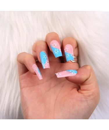 24Pcs/Set Press On Nails Spring Summer Blue Crushed Flower Long False Nails Acrylic Fake Nails Full Cover Nails Tips Artificial Finger Manicure Press on nails for Women and Girls - Buy Online on GoSupps.com