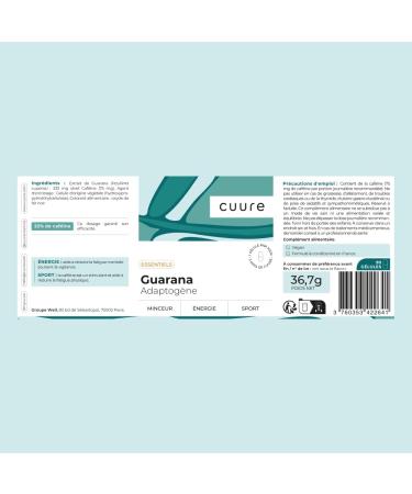 Guarana Pure Cuure 90 Days 22% Caffeine Mental and Physical Fatigue Weight Control Powerful and Effective Vegan Food Supplement Formulated and Packaged in France - Buy Online on GoSupps.com