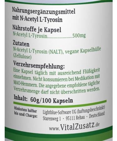 N-Acetyl L-Tyrosine 500mg - 100 Vegan Capsules | No Additives | Dr. Bawareg | Made in Germany - Shop Internationally - Buy Online on GoSupps.com