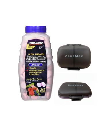 Ultra Strength Antacid Chewable Tablets 1000mg 265 Count Fast Relief from Acid Indigestion Heartburn Assorted Berry Flavor with ZeusMax Potable 8 Compartments Black Pill Box Storage