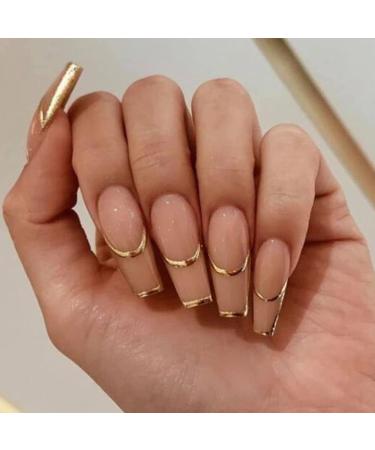 TIMMOKO Press on Nails Long Square Fake Nails Acrylic Ballet Exquisite Gold Foil Stripes Design adhesive tape on Nails Design Nails for Women and Girls 24Pcs