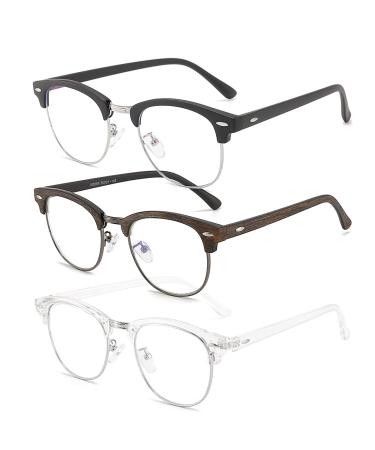 SOAR&EAGLE 3 Pack Blue Light Blocking Glasses,Computer Gaming Glasses,Retro Semi Rimless UV400 Clear Lens Computer Eyewear For Men/Women (Sand black silver/Wood grain gun/Crystal silver)