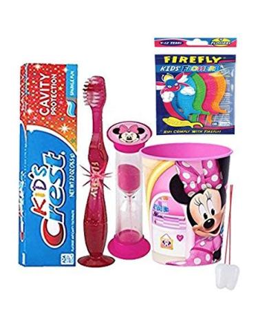 Disney Minnie Mouse Girls 4pc Bright Smile Oral Hygiene Bundle! Light Up Toothbrush  Toothpaste  Brushing Timer & Mouthwash Rinse Cup  Flossers  & Tooth Necklace!