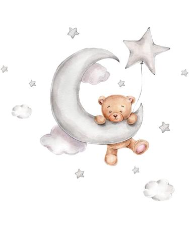 Decorative Wall Stickers Bears Clouds Moon and Stars Wall Stickers Cartoon Cute Bears Wall Decals Window Stickers for Kids Baby Room Bedroom Nursery Playroom Home Decor (B)