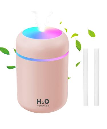 AOOWU Car Humidifiers 300ml Portable Mini Humidifiers with Night Light Cool Mist Air Humidifiers Essential Oil Diffuser Small Desktop Humidifiers for Bedroom Home Car Office Pink