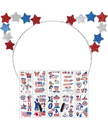 4th of July Glittery Cat Ears Headband and Patriotic Temporary Tattoos Stickers American Flag Headband Patriotic Red Blue Silver Stars Hair Accessory Independence Day National Day Costume