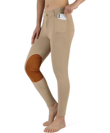 Beroy Women's Equestrian Breeches - Horse Riding Tights with Silicone Full Seat & Pockets - Khaki, Size Small - Buy Online on GoSupps.com