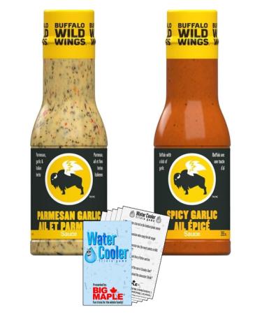 Parmesan & Spicy Garlic Sauce Bundle. Includes (2) Bottles of Buffalo Wild Wings Sauce Spicy Garlic & Parmesan Garlic (355ml per) with Water Cooler Trivia Game by BIG MAPLE . Tasty Topping for Salads Subs Sandwiches Tacos Quesadillas