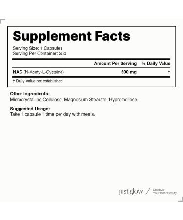 Just Glow NAC (N-Acetyl-L-Cysteine) 600mg - 250 Capsules | NAC Supplement | Pure NAC 600mg Capsule for Antioxidants | Maintenance of Good Health | Made in Canada | 250 Vegetable Capsules 250 count (Pack of 1) - Buy Online on GoSupps.com
