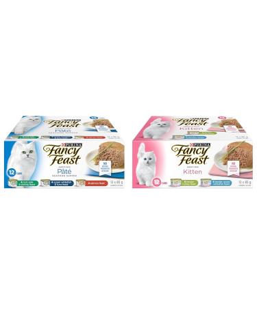 Fancy Feast Seafood Supper Wet Cat Food Pate Variety Pack 3 Flavours - 85 g Can (12 Pack) & Fancy Feast Wet Kitten Food Variety Pack 2 Flavours - 85 g (12 Pack)