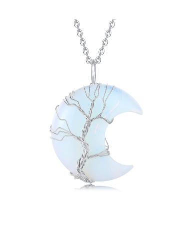 XIANNVXI Crystal Necklaces for Women Crescent Moon Necklace Healing Crystals Pendant Tree of Life Wire Wrapped Reiki Spiritual Necklace Jewellery for Women F - Synthetic Opal