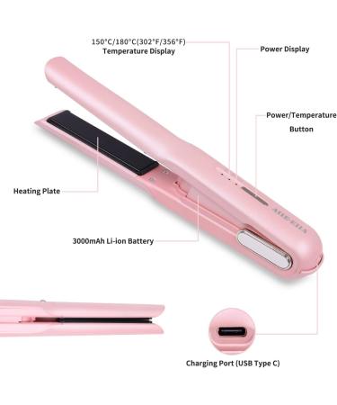 Cordless Hair Straightener - Portable Mini Flat Iron Adjustable Temperature Fast Heating Type-C Rechargeable (Pink) for Travel | Buy Online Now - Buy Online on GoSupps.com