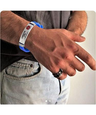 Men's Medical Alert ID Bracelet - Emergency First Aid Health Alert - Laser Engraved Stainless Steel & Adjustable Blue Silicone Wristband for Seizures - International Shipping Available - Buy Online on GoSupps.com